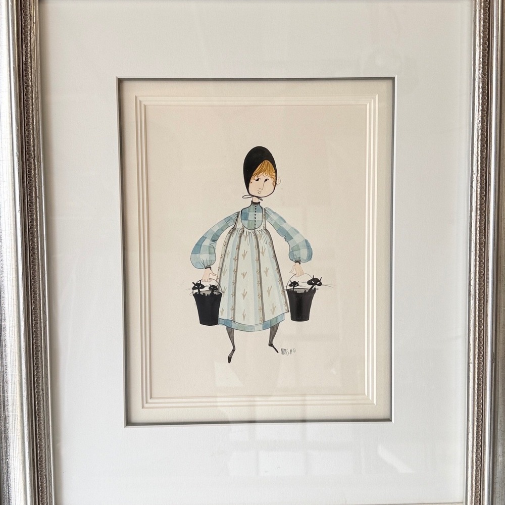 Vintage 1984 Moss Original Watercolor Illustration Girl w Cats Buckets Folk Art